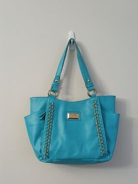 Nicole Miller Faux Leather Turquoise Chain-Trim Tote